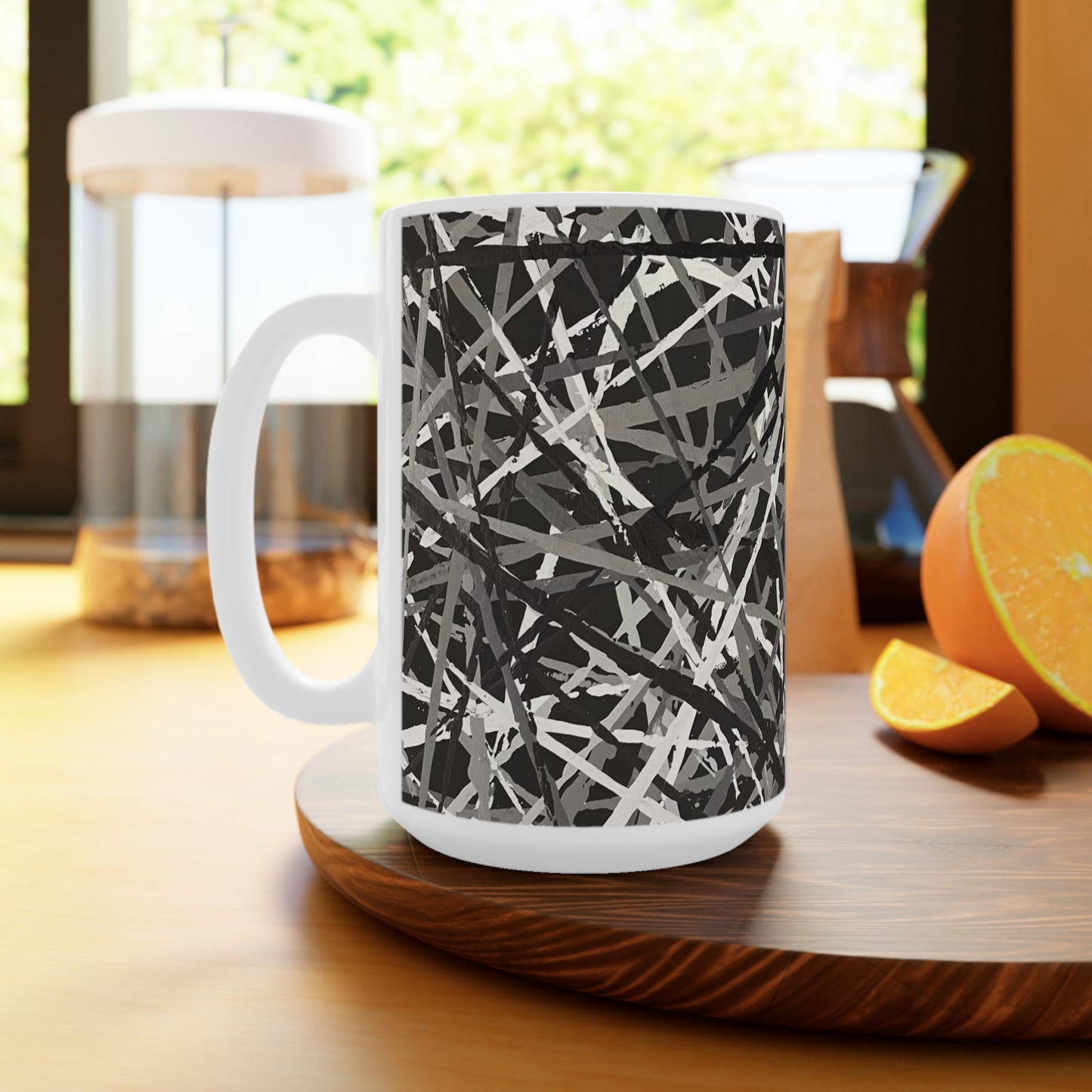 The Delamater Series -Abstract Black & Gray Splatter Ceramic Mug – Modern Scribble Pattern, 11oz/15oz