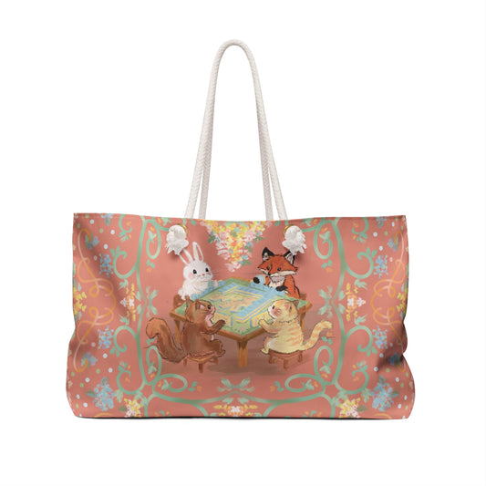 Blush Woodland Game Night Weekender Bag — Cute Rabbit, Fox & Squirrel Mahjong Game Tote