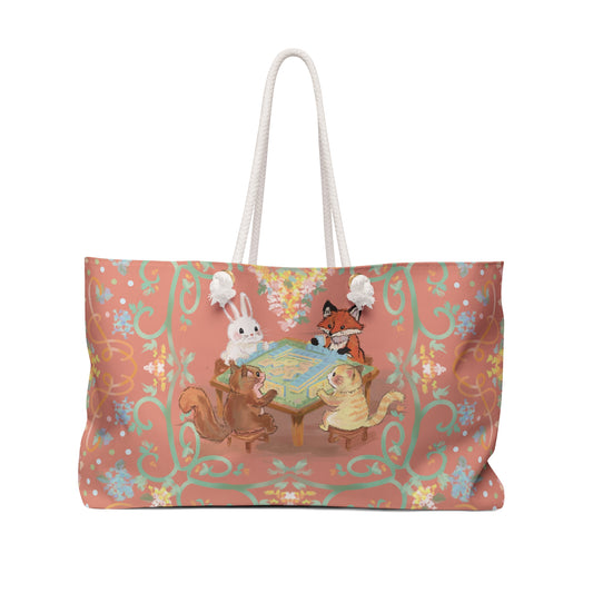 Blush Woodland Game Night Weekender Bag — Cute Rabbit, Fox & Squirrel Mahjong Game Tote