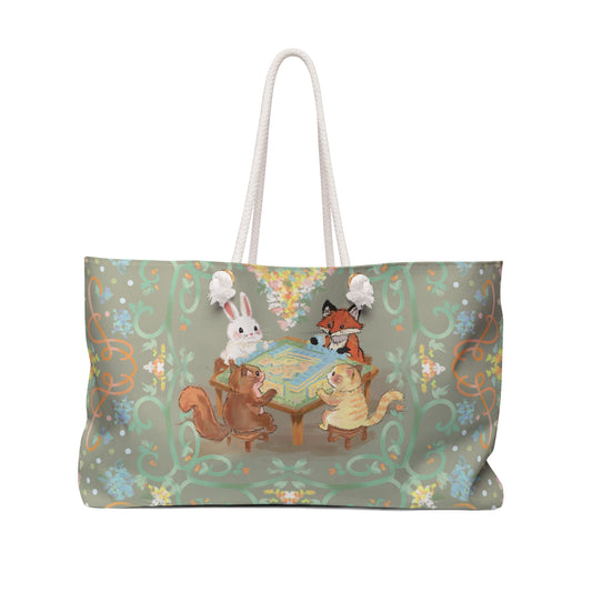 Sage Grey Woodland Game Night Weekender Bag — Cute Rabbit, Fox & Squirrel Mahjong Game Tote
