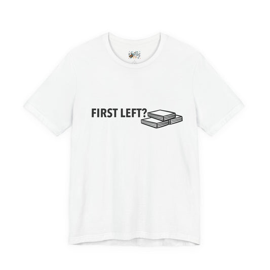 First Left? Book Stack Tee — Funny Mahjong Shirt