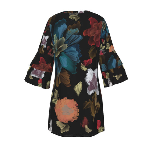 City handpainted floral Women's Stacked Ruffle Sleeve Dress