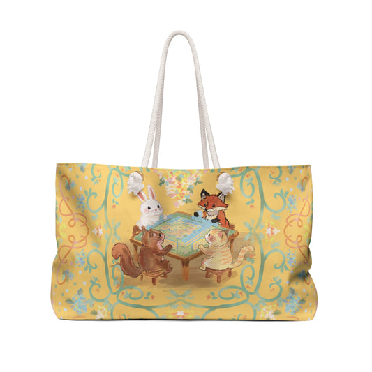 Sunny yellow Woodland Game Night Weekender Bag — Cute Rabbit, Fox & Squirrel Mahjong Game Tote
