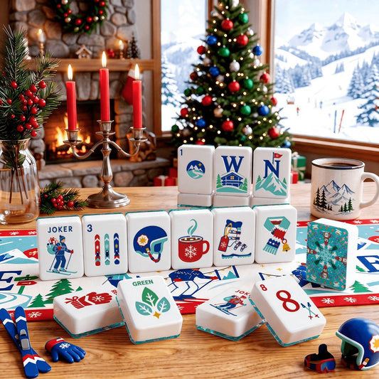 Alpine Slopes Christmas Mahjong Tiles Teal penguins