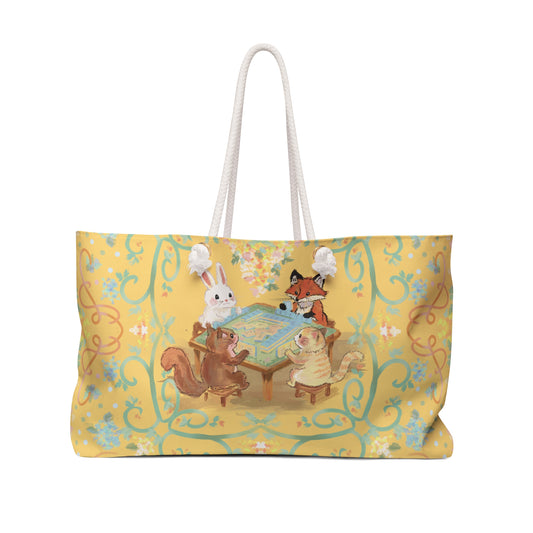 Sunny yellow Woodland Game Night Weekender Bag — Cute Rabbit, Fox & Squirrel Mahjong Game Tote
