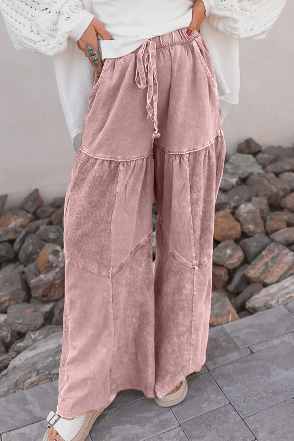 Vineyard Green Mineral Wash Tiered Wide Leg Patchwork Drawstring Pants