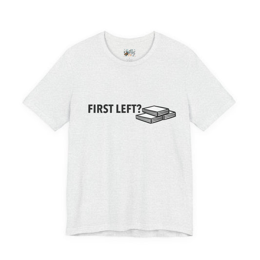 First Left? Book Stack Tee — Funny Mahjong Shirt