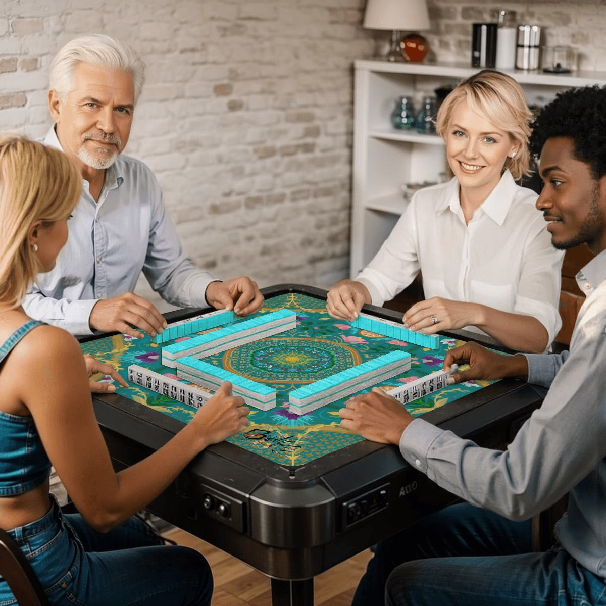 2026 Summer design on Teal-Mahjong Mat 31.5"x31.5" (Ship Rolled up)
