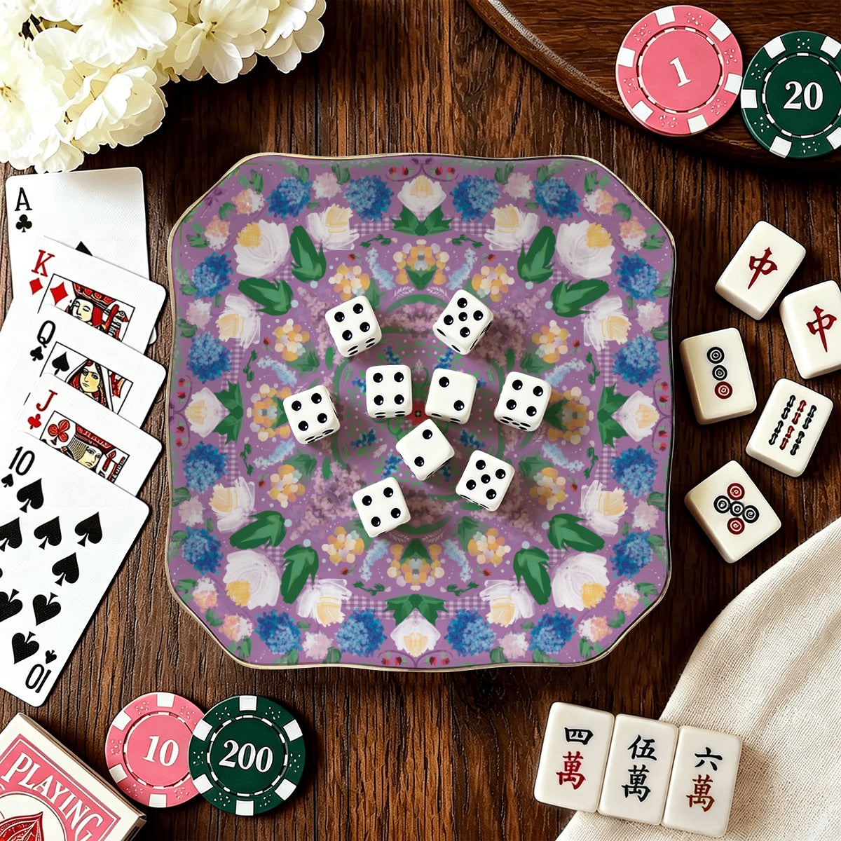 Scalloped Ceramic Mahjong Dice Tray in variety of patterns