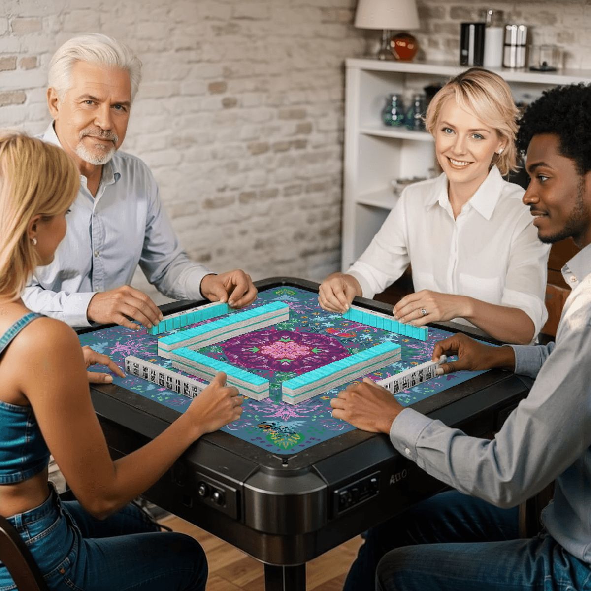 Mahjong Mat Year of the Horse on teal 31.5"x31.5" (Ship Rolled up)