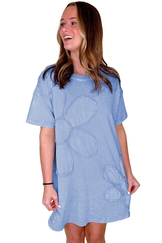 Sky Blue Mineral Wash Flower Patchwork Mini T Shirt Dress