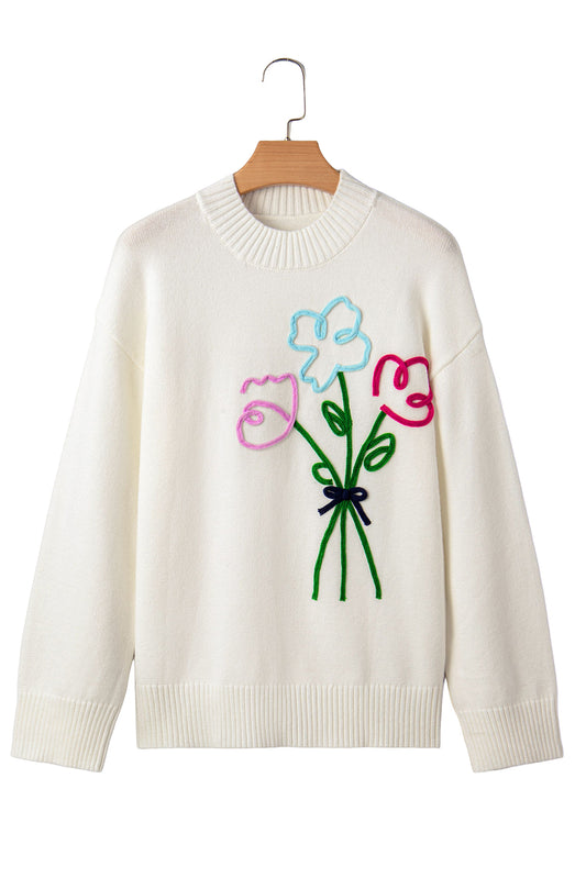 White Floral Embroidered Drop Sleeve Knit Sweater
