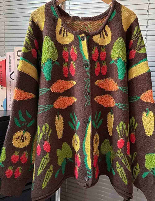 Ladies Coffee Brown Veggie Garden Jacquard Round Neck Button Cardigan