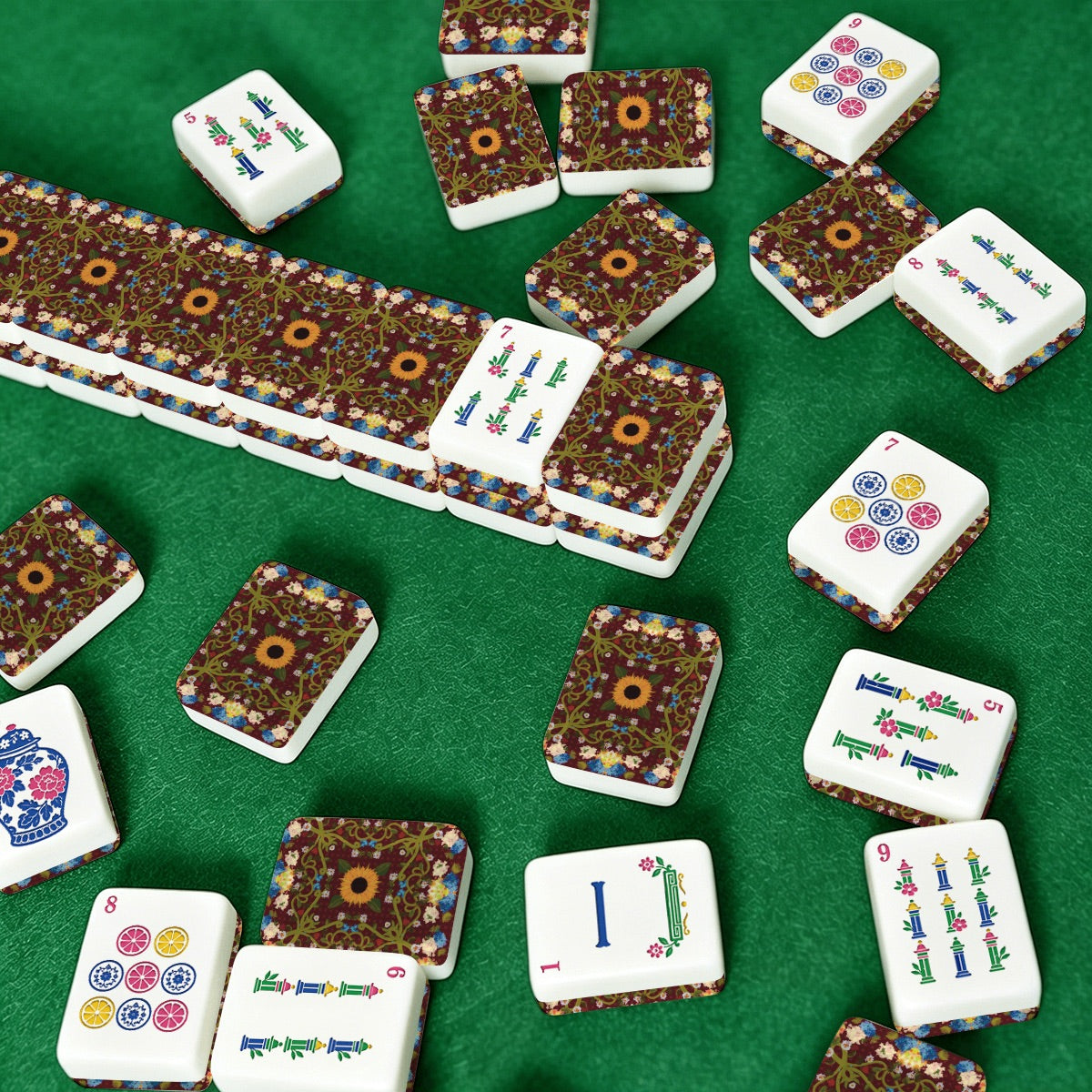 American Mahjong Tiles (Traditional Porcelain Style) Burgundy Sunflower
