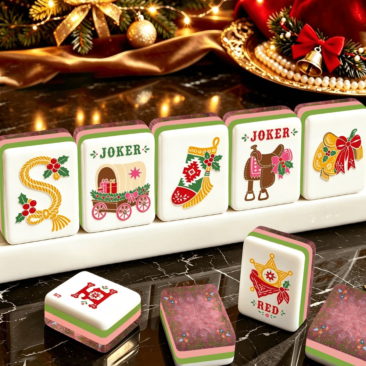 Western Christmas Mahjong Tiles Pink Boots