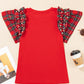 Racing Red Pearl Plaid Ruffle Sleeve Loose T Shirt