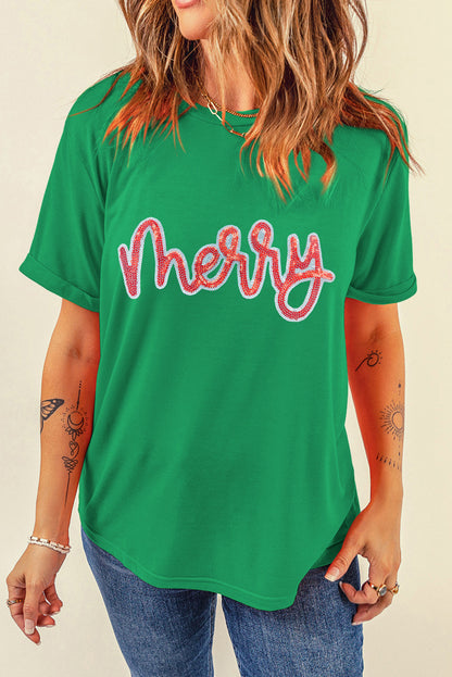Bright Green merry Letter Sequins Patch Cotton Blend Tee