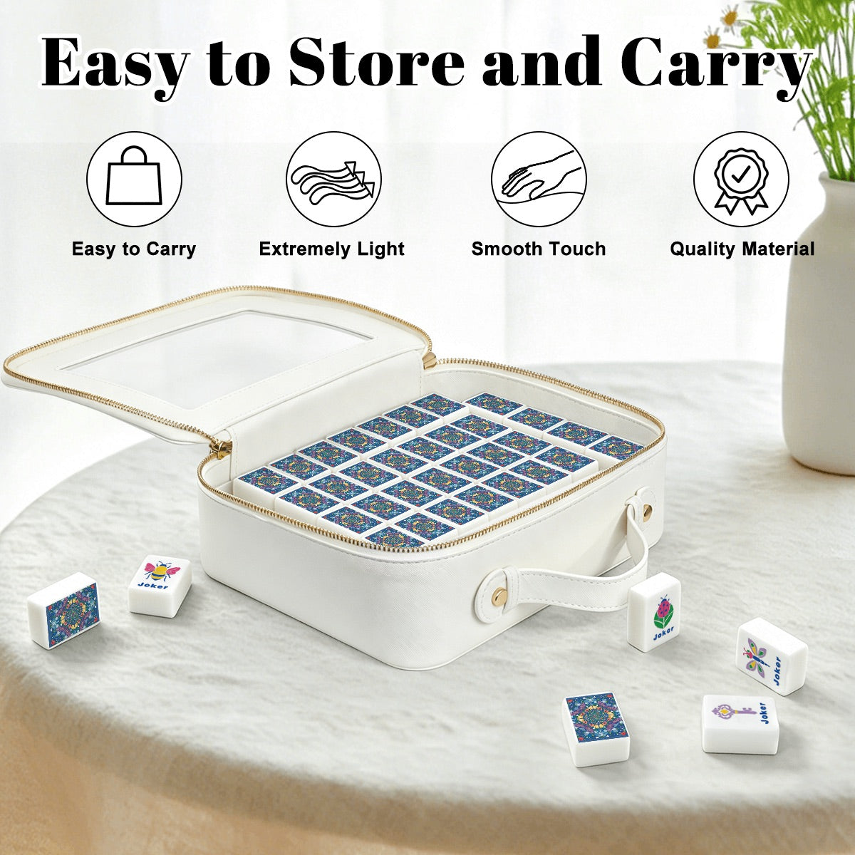 Bright blue Mahjong Tiles Set (Floral Garden Style) (Single Layer)