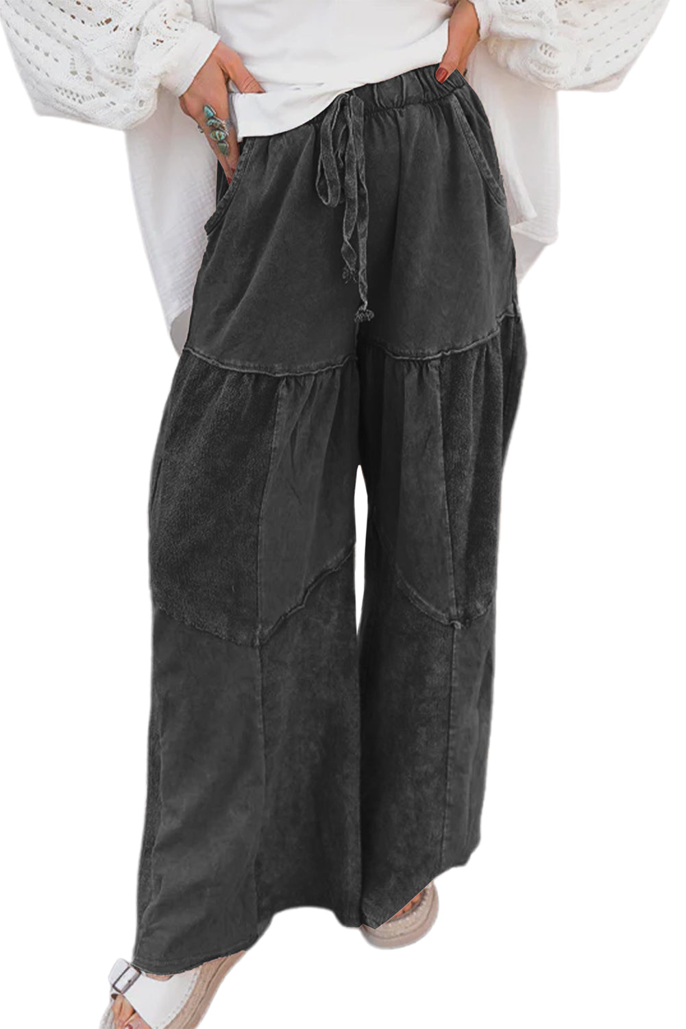 Vineyard Green Mineral Wash Tiered Wide Leg Patchwork Drawstring Pants