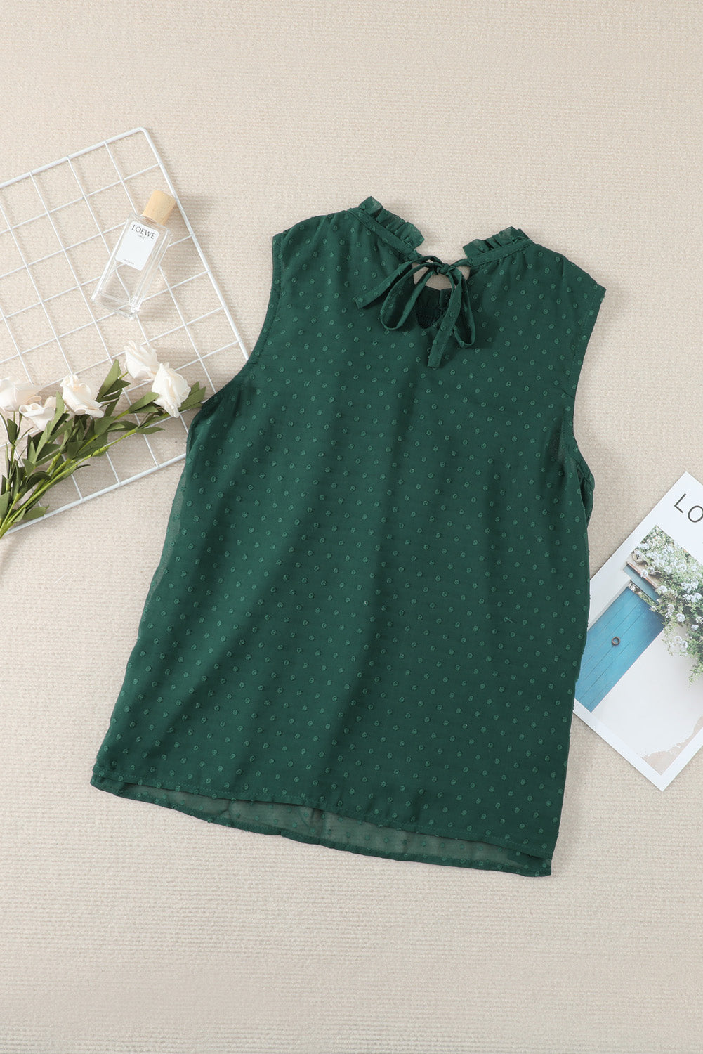 Smocked Frill Swiss Dot Round Neck Tank