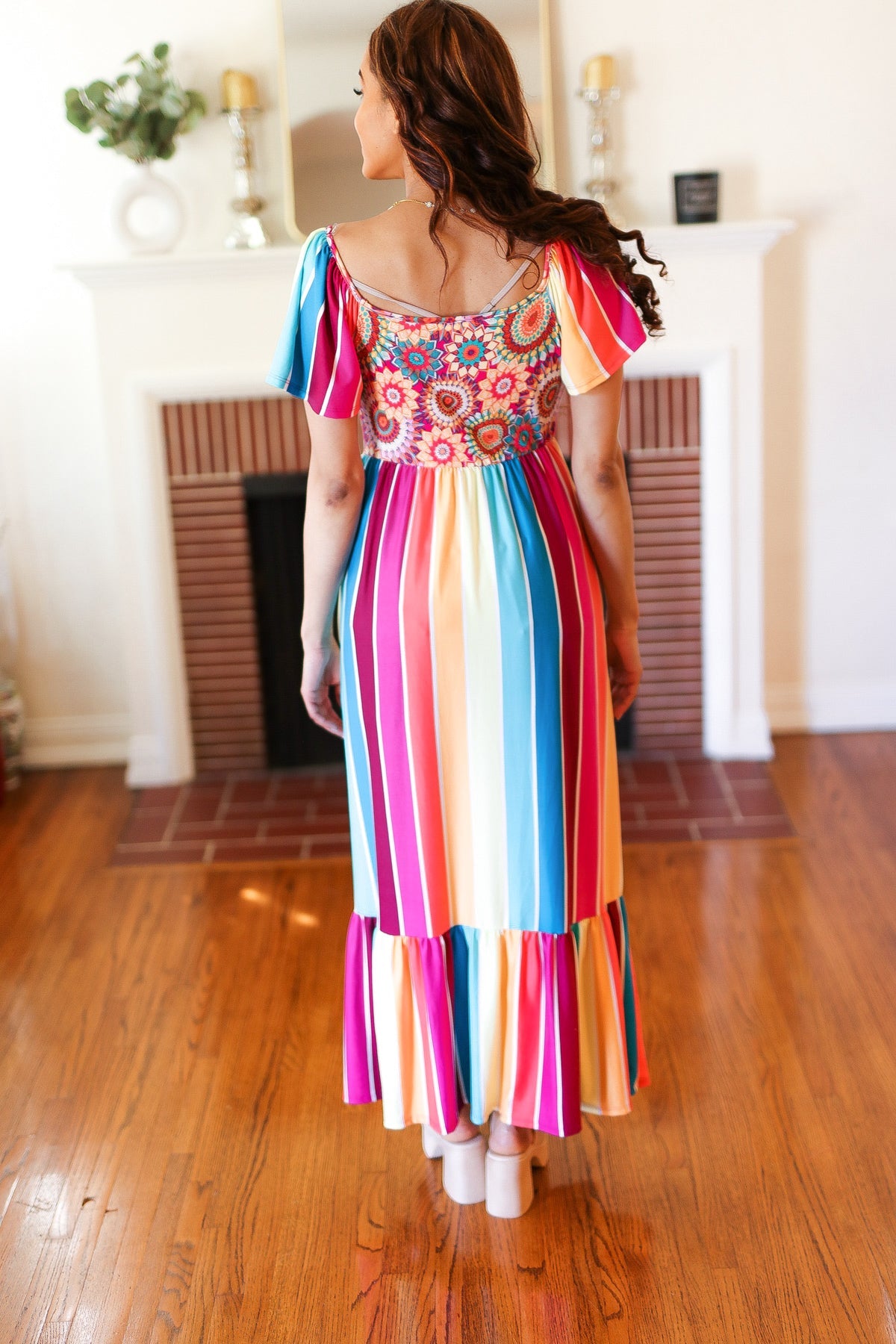 Feeling Bold Fuchsia & Teal Striped Medallion Crochet Print Dress