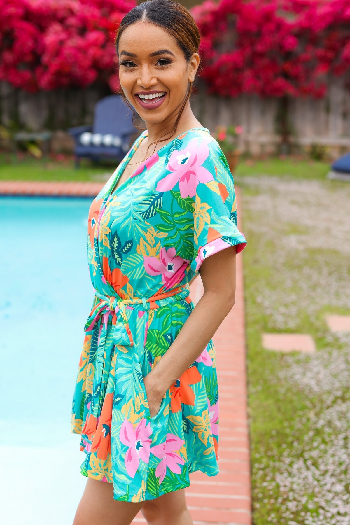 Tropical Vibes Turquoise Floral Surplice Tie Waist Romper