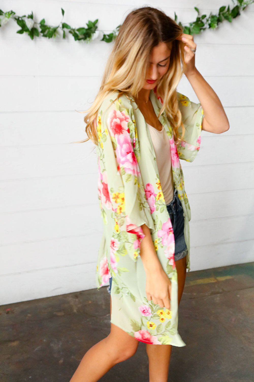 Sage Floral Print Chiffon Cover Up Kimono