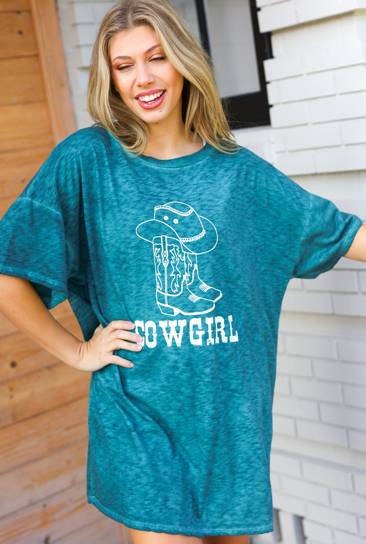 Emerald Cotton Blend COWGIRL Graphic Long Tee