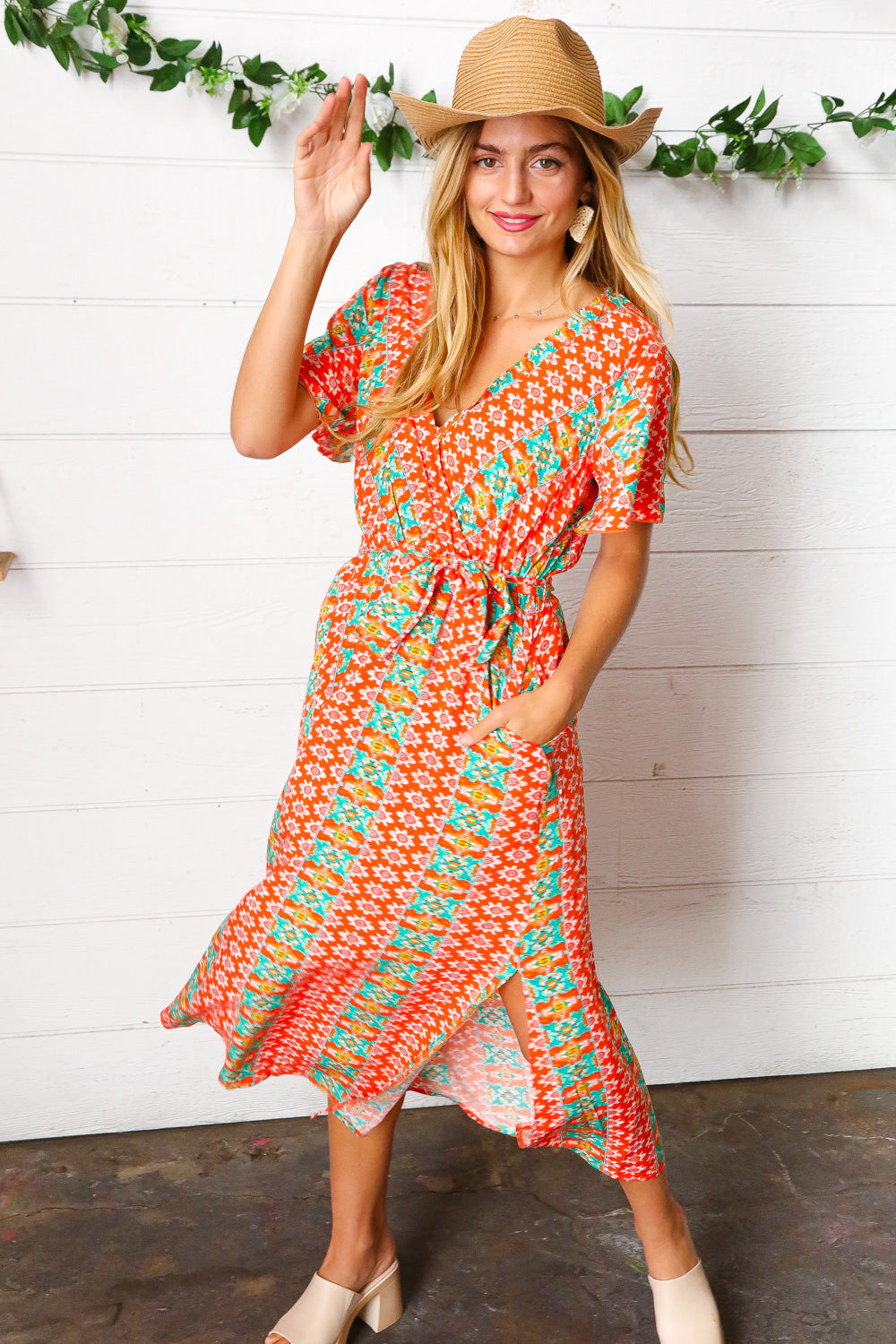 Orange Boho Print Surplice Sash Belt Midi Dress