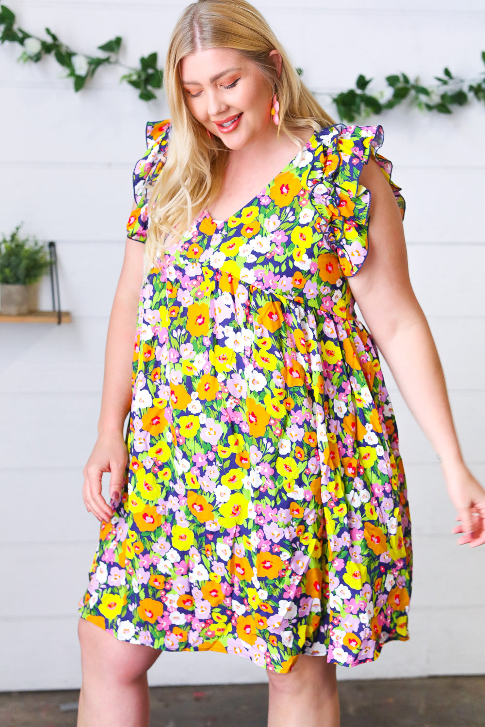 Indigo & Lemon Floral Babydoll Ruffle Dress