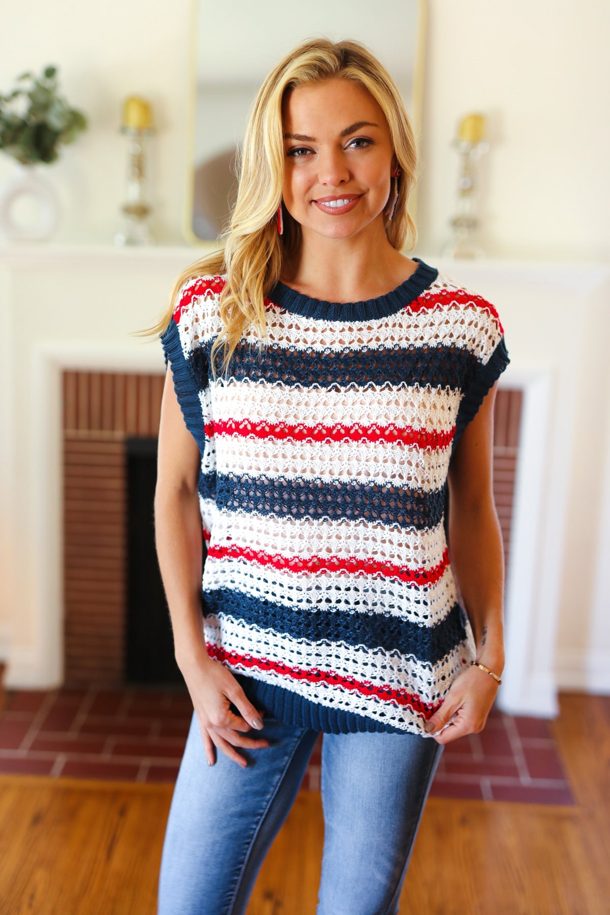 Holiday Ready Red White & Blue Striped Crochet Top