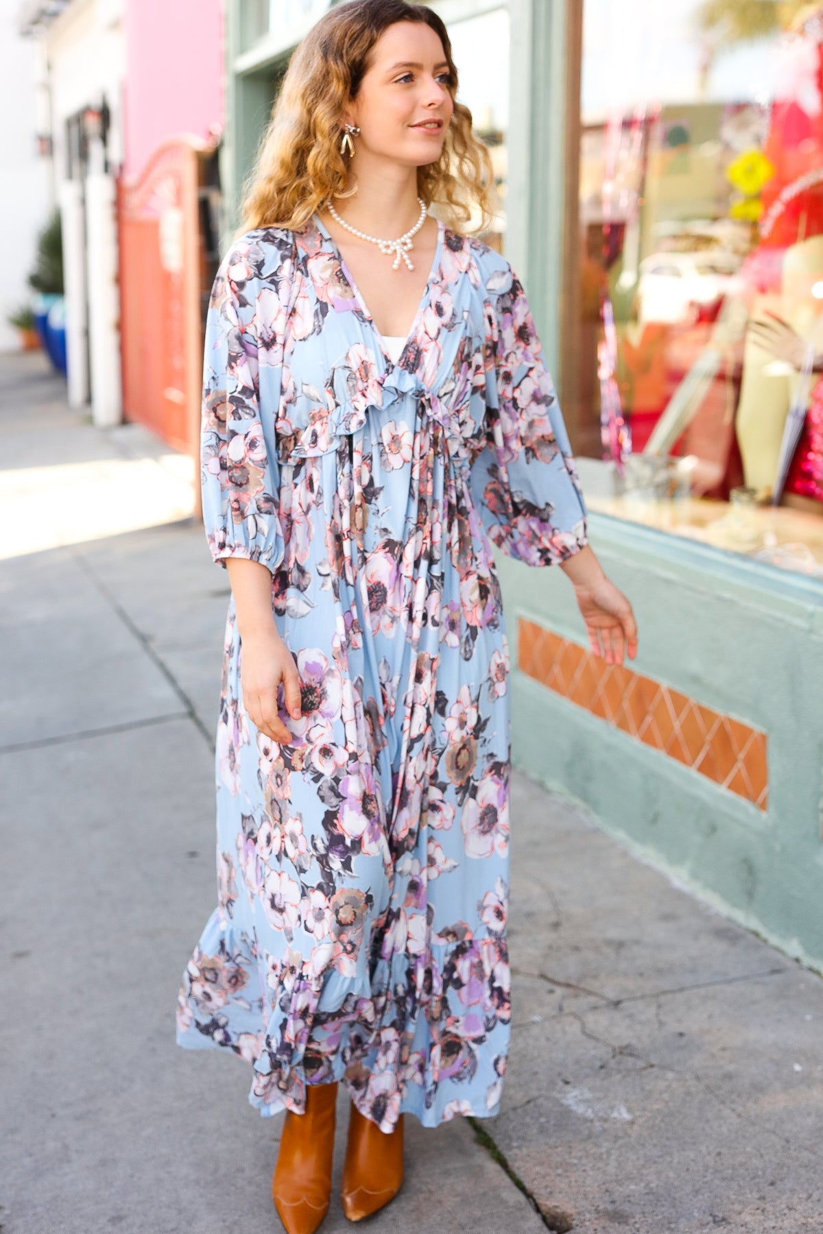 Longing For You Powder Blue Floral V Neck Ruffle Maxi Dress