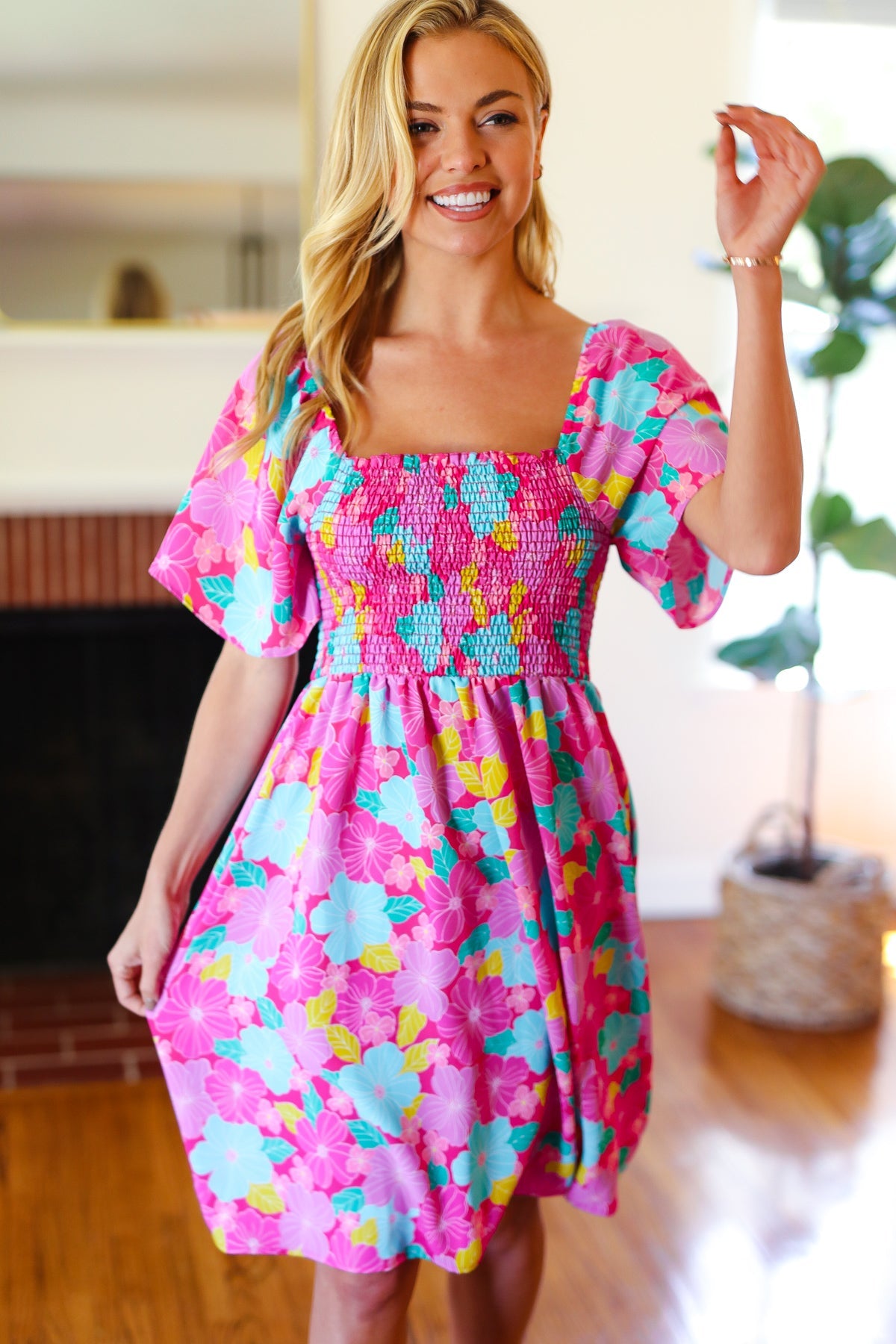 Vacay Vibes Fuchsia Floral Print Fit & Flare Smocked Dress