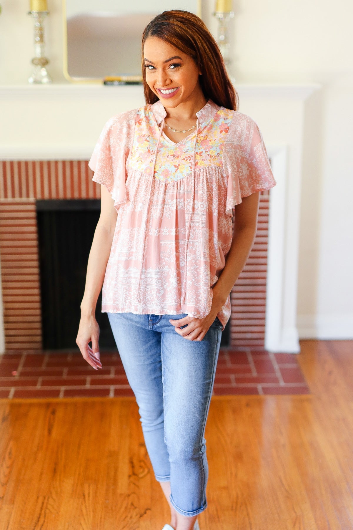 Blush Paisley Floral Yoke Tie Neck Top