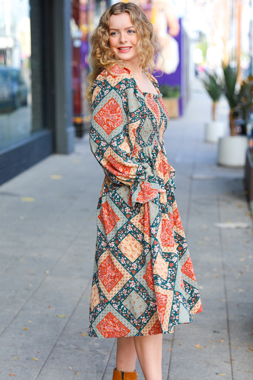 Rust & Teal Boho Smocked Woven Midi Dress