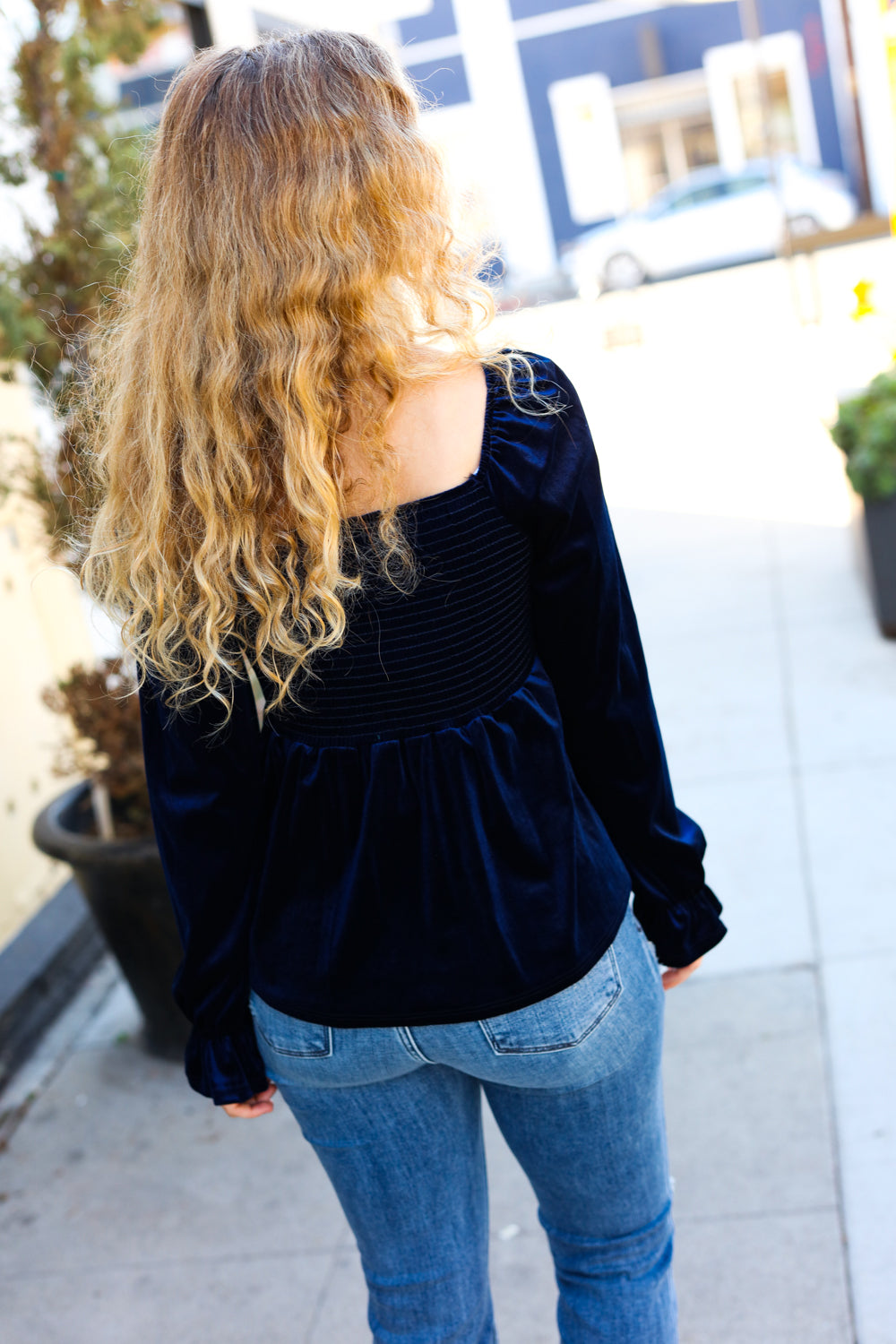 Shine Your Light Navy Crushed Velvet Smocked Ruffle Top