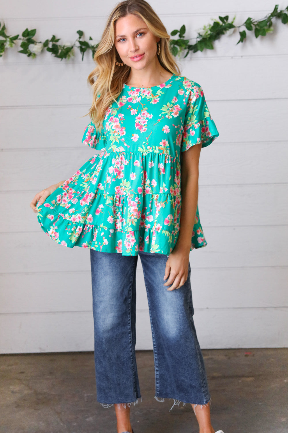 Teal Floral Frill Ruffle Hem Tiered Swing Top