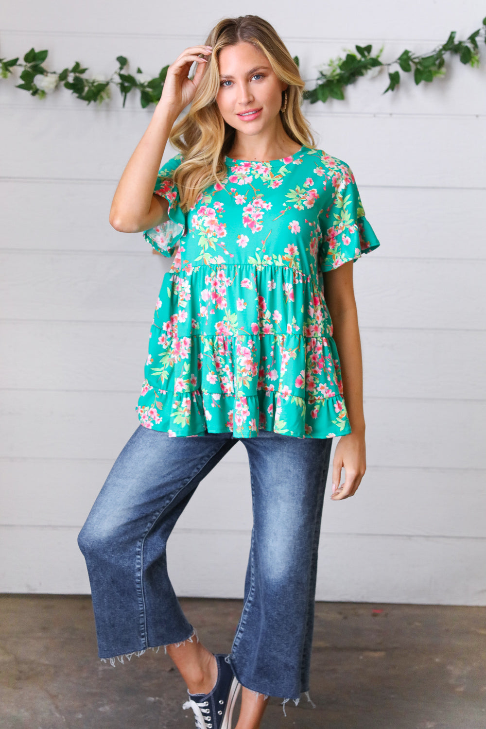 Teal Floral Frill Ruffle Hem Tiered Swing Top