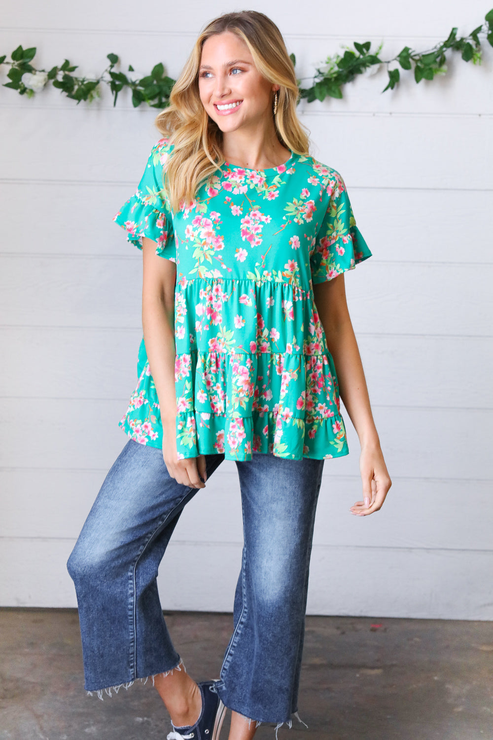 Teal Floral Frill Ruffle Hem Tiered Swing Top