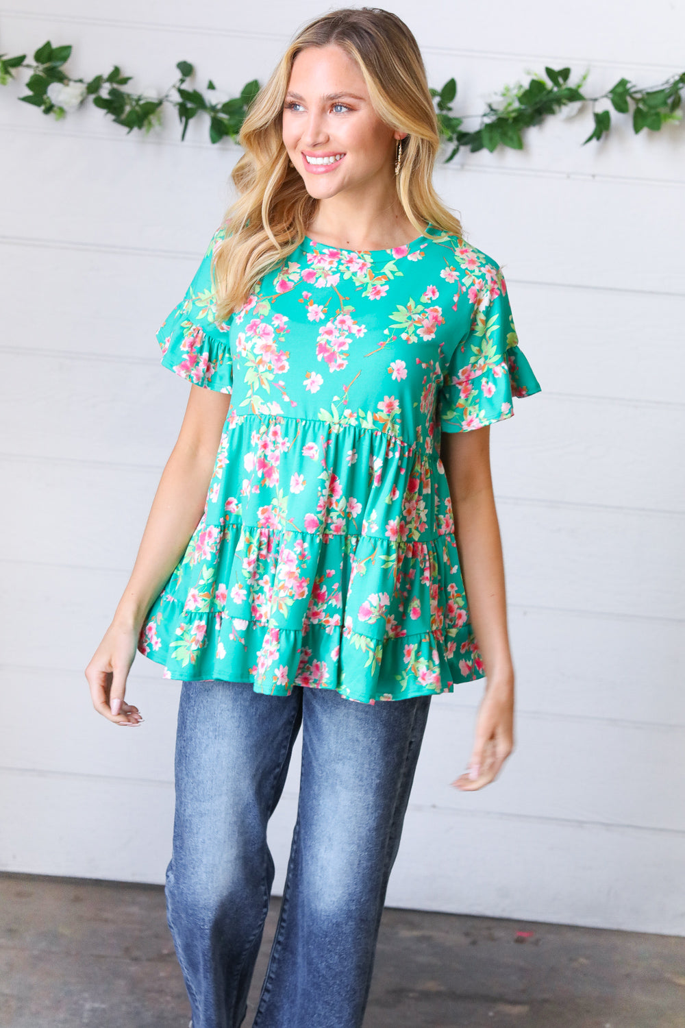 Teal Floral Frill Ruffle Hem Tiered Swing Top