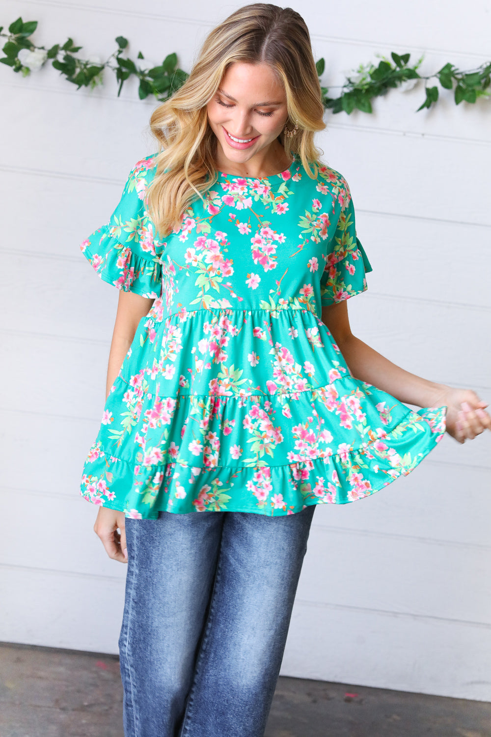 Teal Floral Frill Ruffle Hem Tiered Swing Top