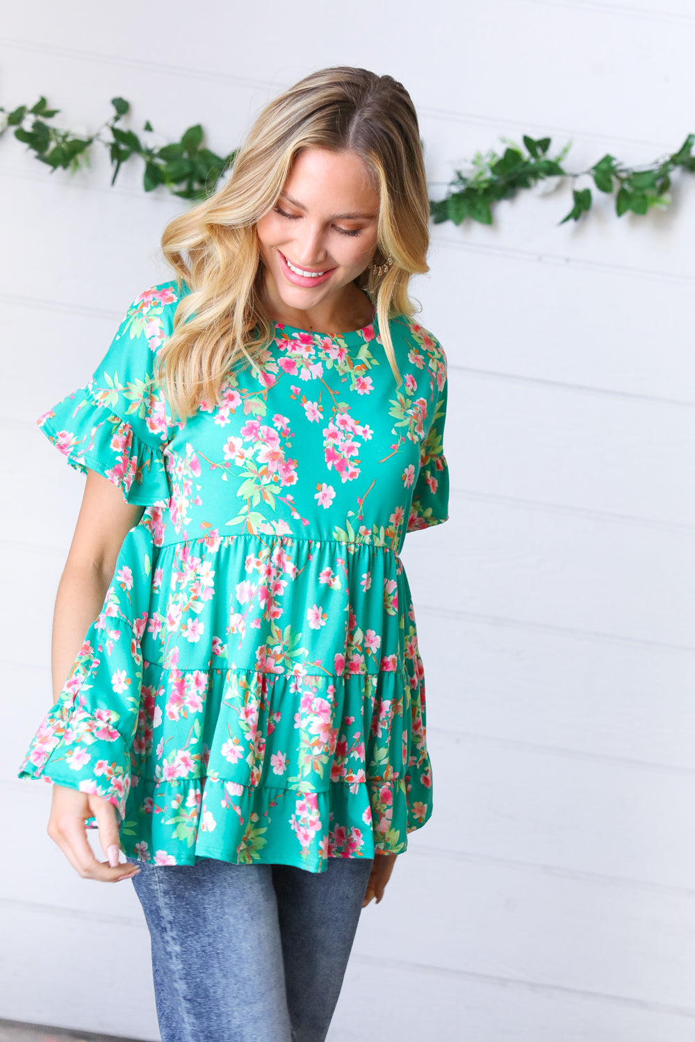 Teal Floral Frill Ruffle Hem Tiered Swing Top