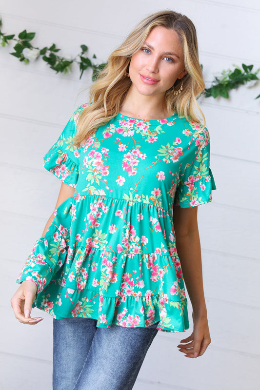 Teal Floral Frill Ruffle Hem Tiered Swing Top