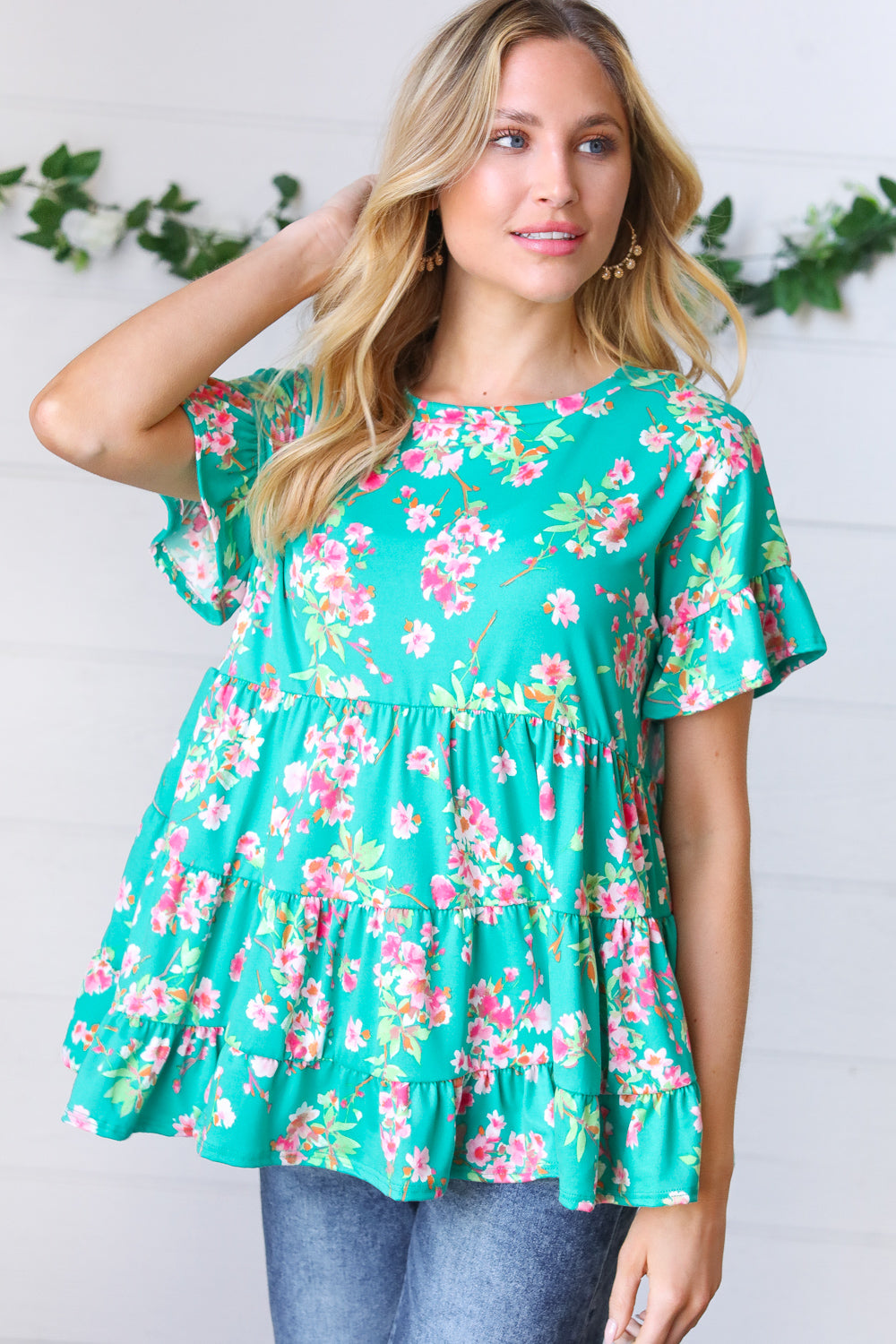 Teal Floral Frill Ruffle Hem Tiered Swing Top