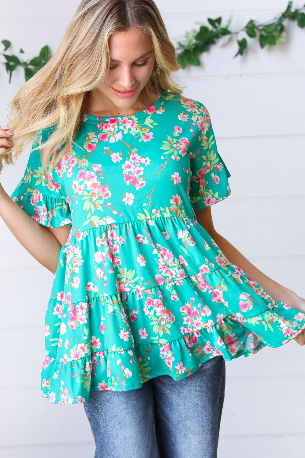 Teal Floral Frill Ruffle Hem Tiered Swing Top