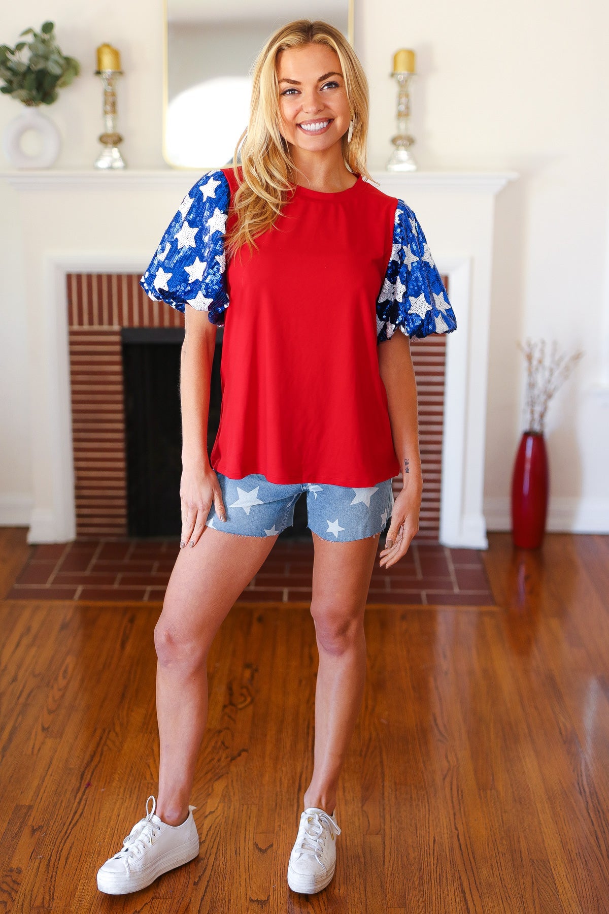 Feeling Patriotic Red & Blue Star Sequin Puff Sleeve Top