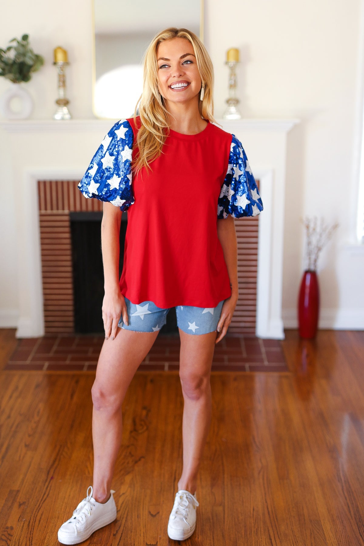 Feeling Patriotic Red & Blue Star Sequin Puff Sleeve Top