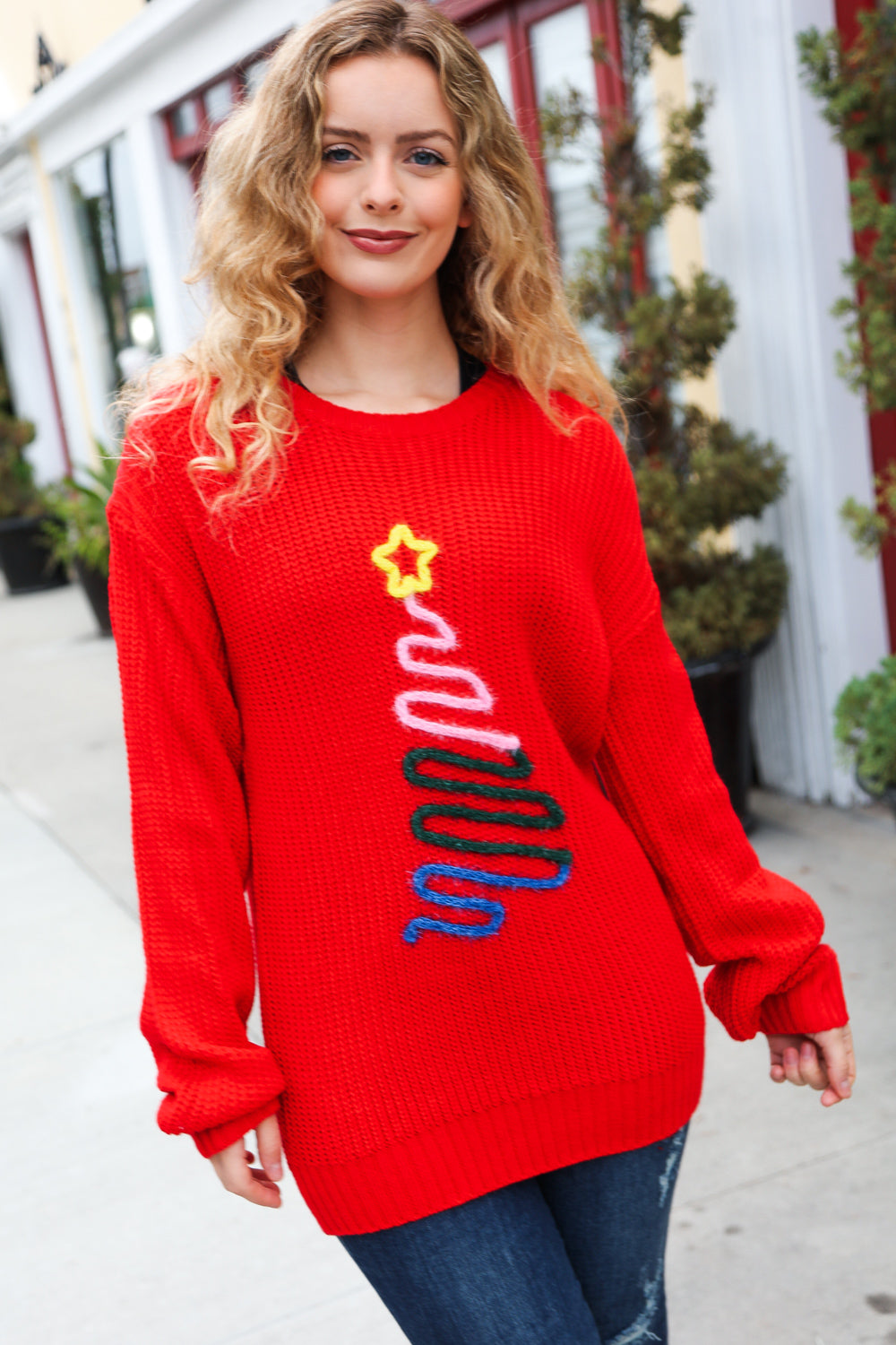 All I Want Red Christmas Tree Lurex Embroidery Sweater