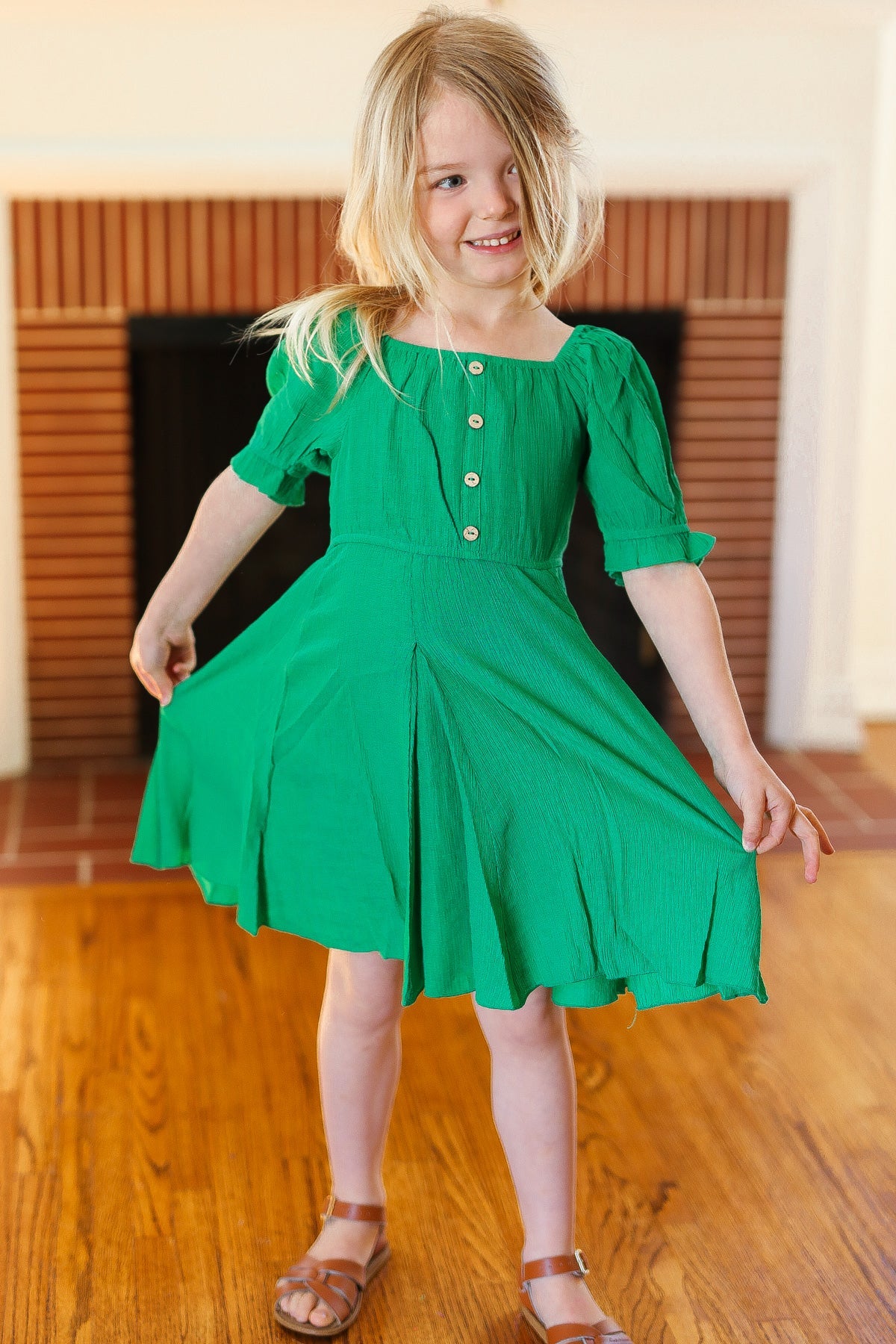 Kids Adorable Green Button Square Neck Ruche Back Dress