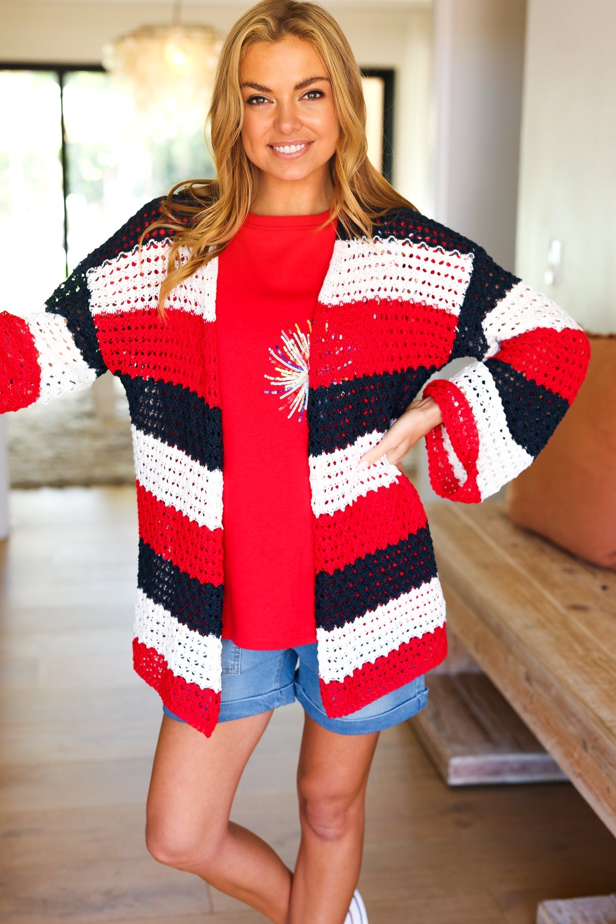 Simply Patriotic Red White & Blue Striped Crochet Cardigan